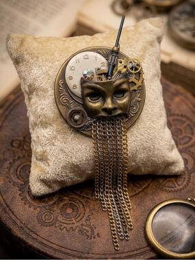 Vintage DIXIE Steampunk Mask Brooch - Mixed Metal Gear & Chain